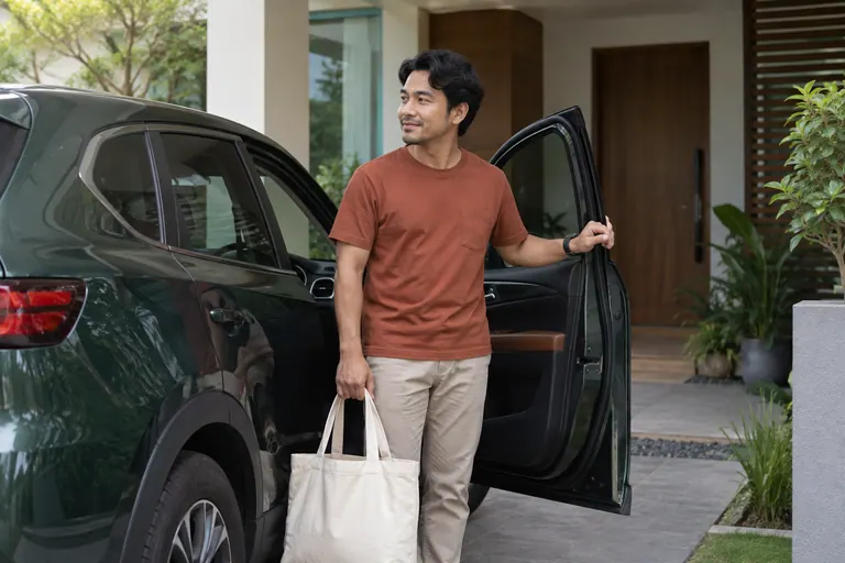 Pelanggan berbaju rust memegang beg kain biasa di sebelah pintu kereta terbuka di rumah