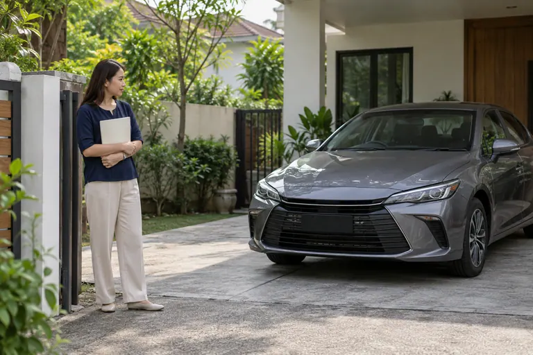 Pelanggan berblaus navy memegang folder krim berdekatan kereta kelabu di pintu rumah