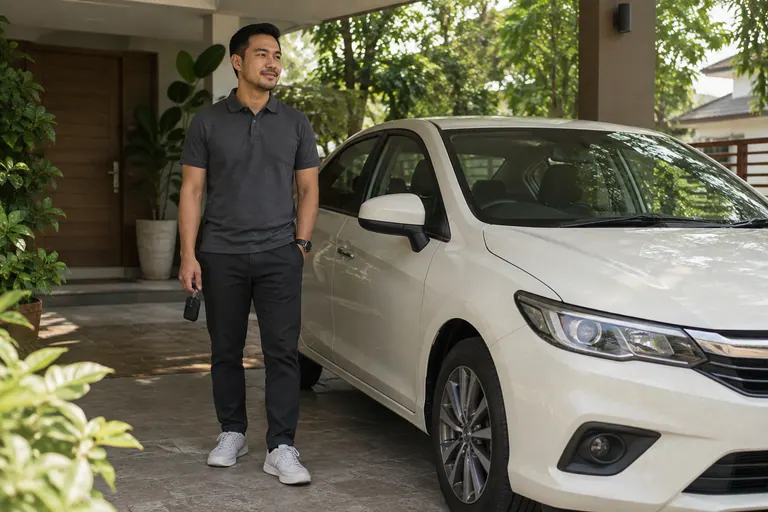 Pelanggan berpolo charcoal memegang kunci biasa di sebelah kereta ivory tanpa menyerahkannya