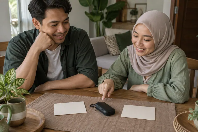 Dua pelanggan melihat dua kad krim kosong dan kantung kunci hitam tertutup di meja rumah