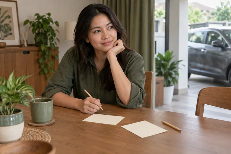 Pelanggan berbaju olive dengan dua kad krim kosong dan dua pensel di meja rumah